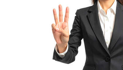 ビジネスウーマンが三本指を立てて数を示すシンプルなジェスチャー｜背景なし・透過PNG・コピースペース