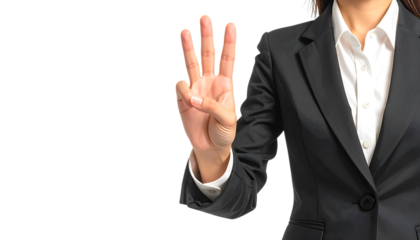 ビジネスウーマンが三本指を立てて数を示すシンプルなジェスチャー｜背景なし・透過PNG・コピースペース