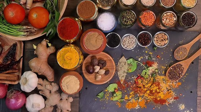 Overhead flat lay vibrant colourful spices herbs fresh produce vegetables legumes on wooden table spread splash smoking spice mix dark black slate metal clay pot palm leaf plate board copy text frame