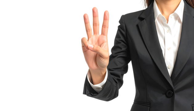 ビジネスウーマンが三本指を立てて数を示すシンプルなジェスチャー｜背景なし・透過PNG・コピースペース