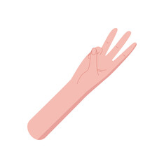 Flat style human hand gesture. Fingers form the number three as a simple counting sign. Bare palm with extended arm in isolated graphic format, educational concept, minimal counting design.