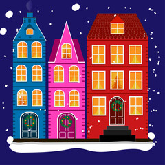 Enchanting European architecture: colorful buildings with orange windows and wreaths on doors