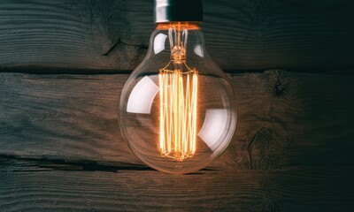 Close up of a glowing antique edison light bulb with warm orange filament against dark wood