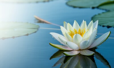 Pristine white water lily with bright yellow center floating on calm blue water