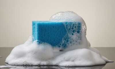 Blue rectangular cleaning sponge covered in white soap foam and bubbles on a clean surface