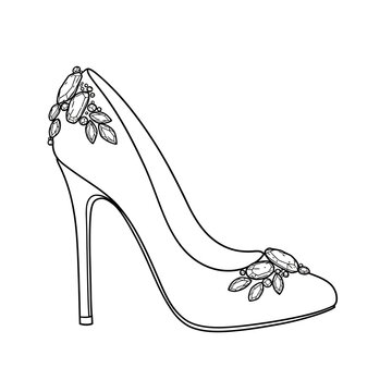 Elegant high heel shoe with gemstone embellishments outline drawing fashion footwear