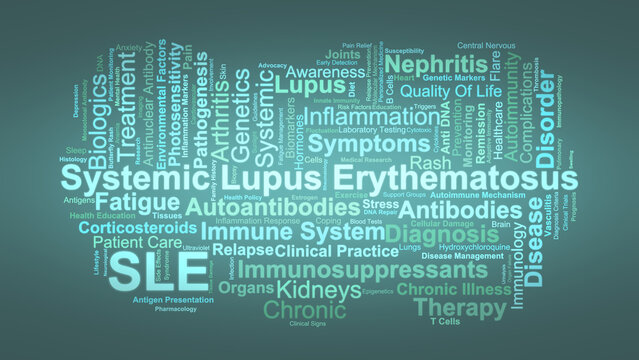 Systemic Lupus Erythematosus Word Cloud. Composition Of Terms Related To Autoimmune Disorders, Symptoms, Immunology, Diagnosis, And Therapeutic Approaches In Chronic Disease Management.