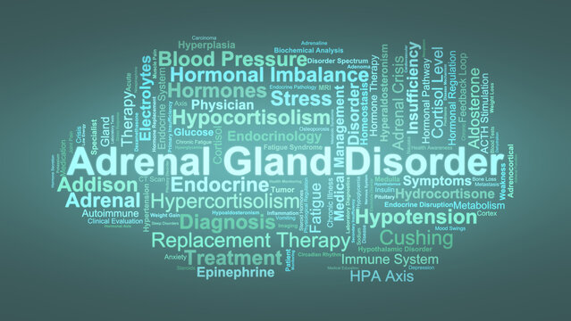 Adrenal Gland Disorder Word Cloud. Composition Of Medical Terms Related To Addison&rsquo;s Disease, Cushing&rsquo;s Syndrome, Hormone Imbalance, Diagnosis, And Endocrine Function.