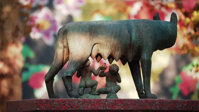 Historic bronze statue of the Capitoline Wolf with Romulus and Remus on a red marble pedestal in front of the National History Museum of Moldova, Chisinau
