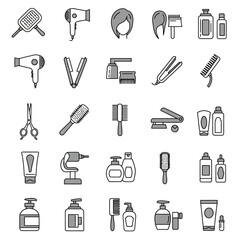 Collection of professional hair salon styling tools and products icons for beauty industry applications