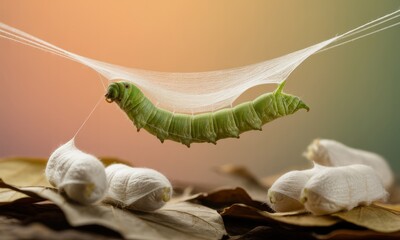 Green silkworm actively spinning silk strands to form a protective hammock with cocoons below.