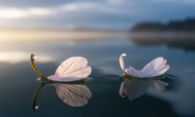 Papier peint photo  Delicate pink cherry blossom petals floating on tranquil water at sunrise  © Meow Creations