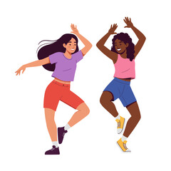 Two diverse young women joyfully dancing together energetically outdoors on a