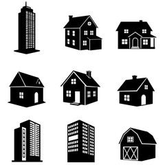 Diverse architectural silhouettes featuring houses skyscrapers and barns for building concepts