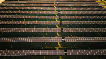 Aerial view of a large solar power plant with symmetrical rows of photovoltaic panels converting...