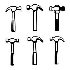 Collection of six diverse hammer icons showcasing different head styles for construction and diy projects