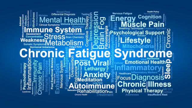 Chronic Fatigue Syndrome (CFS) Word Cloud. Medical Concepts On Exhaustion, Immunity, Sleep, Stress, And Long-Term Health Dynamics.