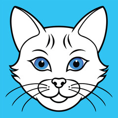 Cartoon Cat Face Illustration with Blue Eyes and White Fur on Light Blue Background, Simple and Adorable Design