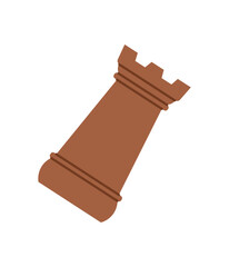Flat wooden chess rook piece in classic boardgame design. Brown game figure for strategy and chess enthusiasts. Ideal for tabletop tournament themes, entertainment, and hobby visuals.