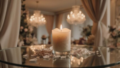 A lit candle on a glass table, with flower petals, chandelier in the background