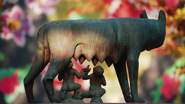 Historic bronze statue of the Capitoline Wolf with Romulus and Remus on a red marble pedestal in front of the National History Museum of Moldova, Chisinau
