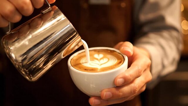 Close-Up of a Barista Skillfully Pouring Steamed Milk to Finish a Delicate Heart Latte Art