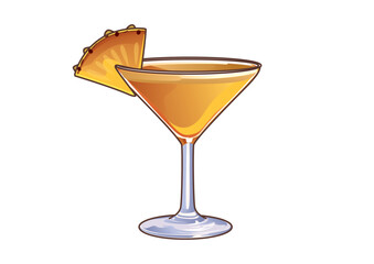 Tropical yellow cocktail in martini glass garnished with pineapple slice. Food and beverage concept