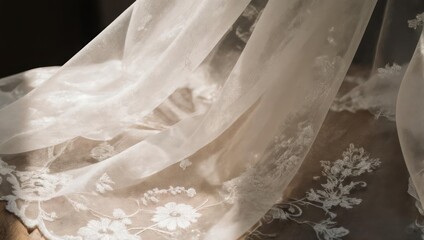 Close-up of delicate, sheer white fabric with floral lace details, softly lit, gently swaying