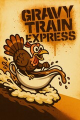 Cartoon turkey riding a wave of gravy with bold Gravy Train Express text. Perfect for Thanksgiving humor, restaurant promotions, posters, and festive event ads. Includes copy space.
