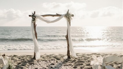 Beach wedding ceremony setup, archway draped with fabric, ocean backdrop, sunny day
