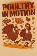 Two cartoon turkeys running through falling leaves and pies with Poultry in Motion text. Perfect for Thanksgiving humor, community events, fun runs, and holiday posters. Includes copy space.
