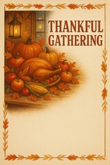 Illustrated Thanksgiving table scene with turkey, pumpkins, corn, and apples under the title Thankful Gathering. Great for holiday invitations, event posters, menus, and greeting cards. Copy space. 