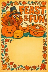 Happy cartoon turkey surrounded by smiling pumpkins, pies, and cornbread. Perfect for family events, kids’ parties, Thanksgiving marketing, and seasonal posters. Includes copy space.