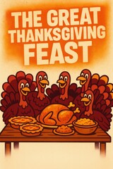 Cartoon turkeys gathered around a Thanksgiving table with roast turkey, pies, and sides. Ideal for family events, seasonal posters, festive ads, and community flyers. Includes copy space.