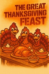 Group of cartoon turkeys smiling around Thanksgiving dinner table. Great for holiday posters, community events, restaurant marketing, and family promotions. Includes copy space.
