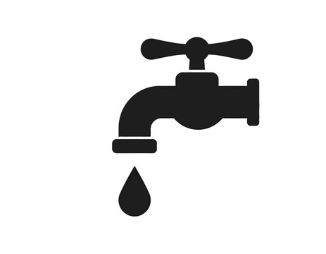 A black icon of a faucet with a single water drop against a white background