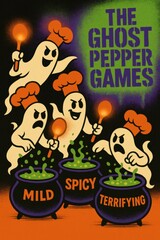 Ghost chefs competing in fiery cauldron cook-off labeled mild, spicy & terrifying. Use for Halloween contest posters, chili marketing, food event promotions, and humorous seasonal ads with copy space