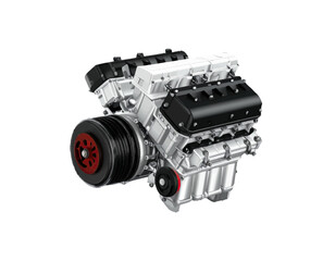 A detailed, 3D rendering of a metallic engine with black and red accents against a plain white background