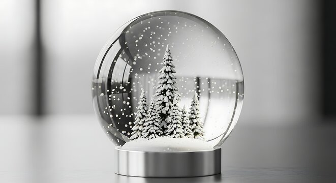 A close up of a snow globe with snowy trees inside and a silver base on a grey reflective surface