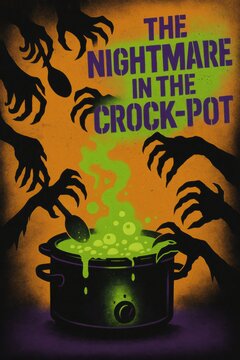 Spooky crockpot of bubbling chili surrounded by reaching monster hands. Use for Halloween marketing, food event posters, horror-themed promotions, and chili cook-off advertising with copy space.
