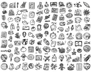 Fototapeta premium A collection of hand-drawn illustrations featuring business, technology, and travel elements, presented in a dense arrangement