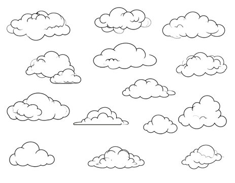 A collection of monochrome illustrations of different cloud formations, perfect for weather-related designs