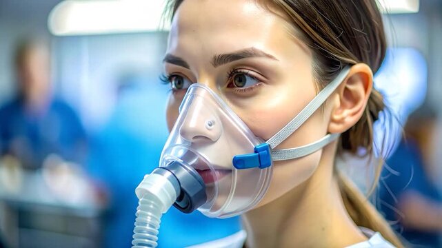 A young woman wears an oxygen mask in a medical setting, her eyes looking intently forward