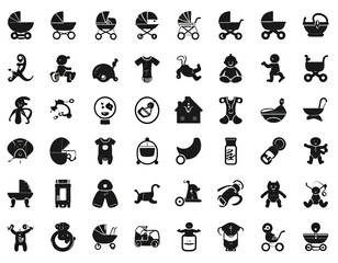 Collection of assorted baby-related icons including strollers, toys, and clothing in a simple black and white design