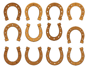A collection of twelve stylized horseshoes, in varying shades of brown and tan, isolated against white