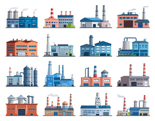 A collection of 16 colorful, flat-style illustrations depicting diverse factory buildings, many with smokestacks