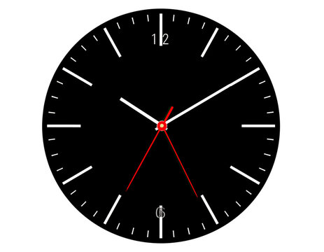 A circular clock face with black background, white markers, red hands, and a small symbol on the bottom
