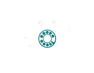 Illustration of a teal-colored rotary phone on a white background, with isolated handset and dial features
