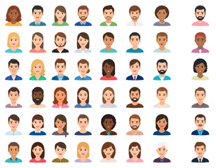 A diverse collection of stylized human head portraits, featuring varied skin tones, hair, and expressions