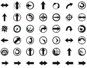 Collection of various directional arrows in black, including circles with compasses and clocks